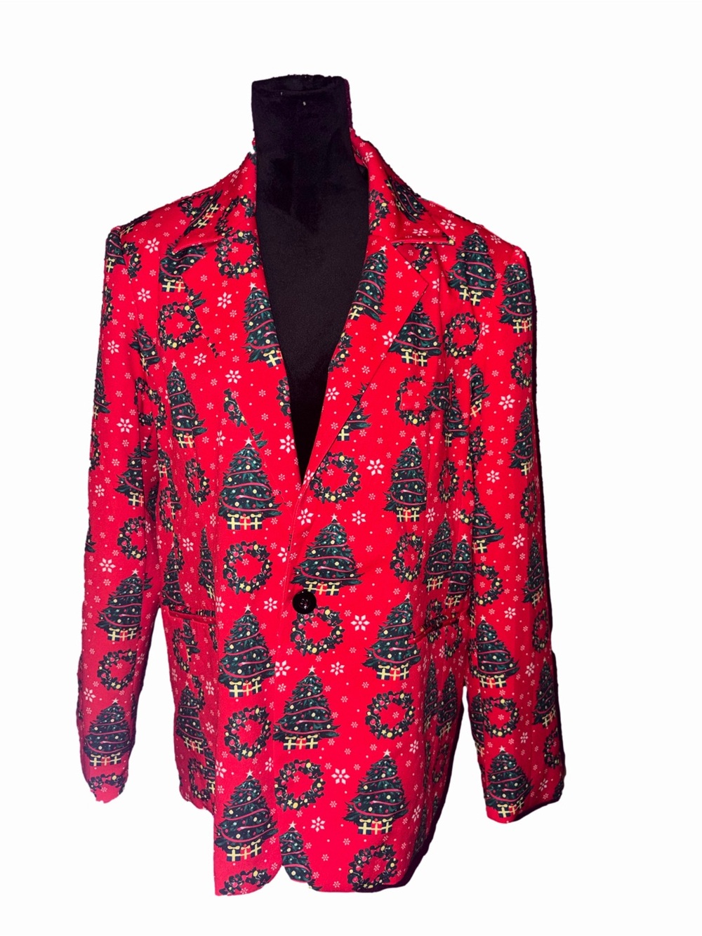 🆕💜Men’s Christmas Tree & Wreath Holiday Blazer Jacket Red Size M Single Button